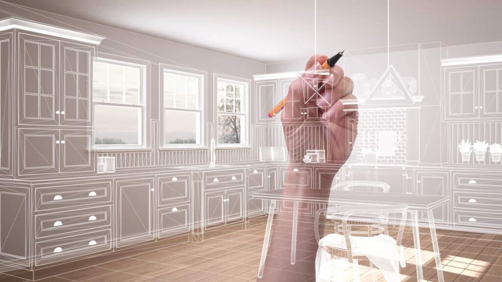 Homeowners compare renovation plans and moving documents at a dining table beside a coastal-style home.